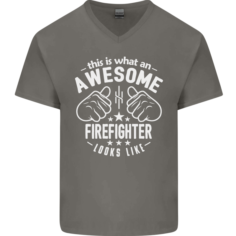 An Awesome Firefighter Looks Like Mens V-Neck Cotton T-Shirt Charcoal