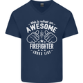 An Awesome Firefighter Looks Like Mens V-Neck Cotton T-Shirt Navy Blue