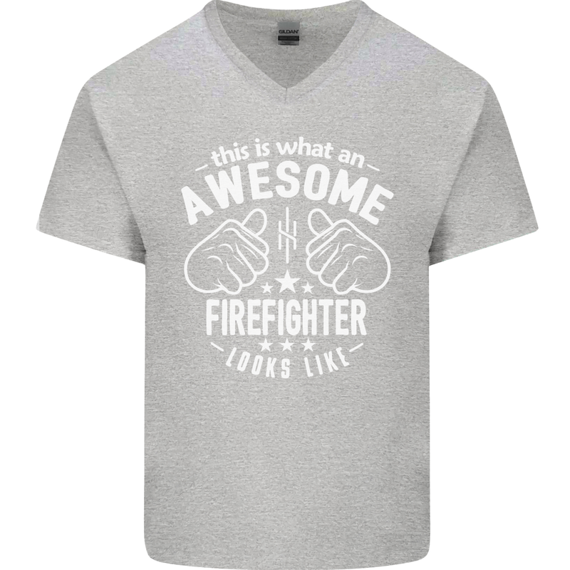 An Awesome Firefighter Looks Like Mens V-Neck Cotton T-Shirt Sports Grey