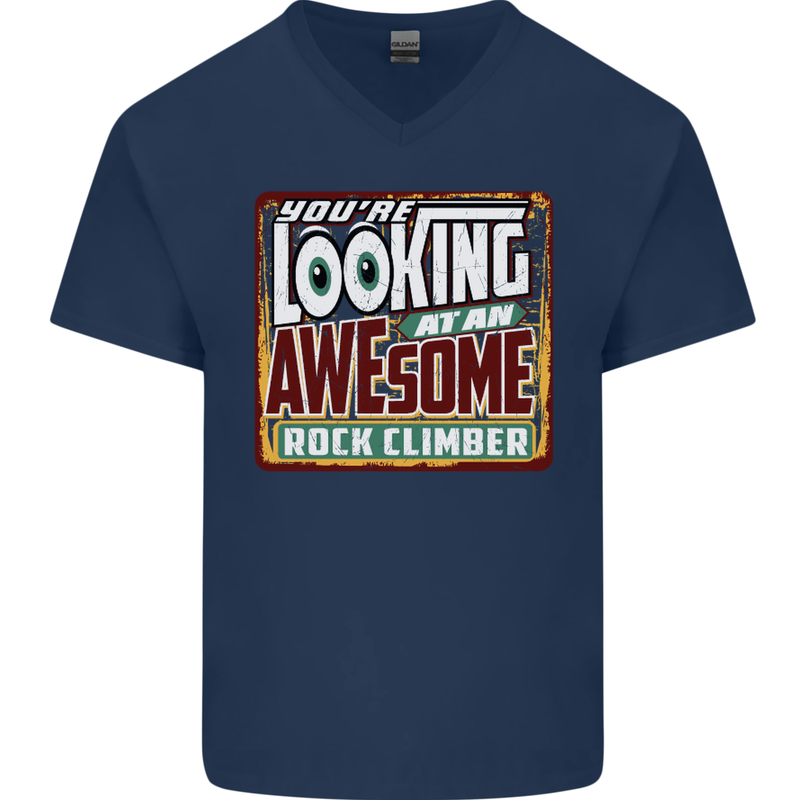 An Awesome Rock Climber Mens V-Neck Cotton T-Shirt Navy Blue