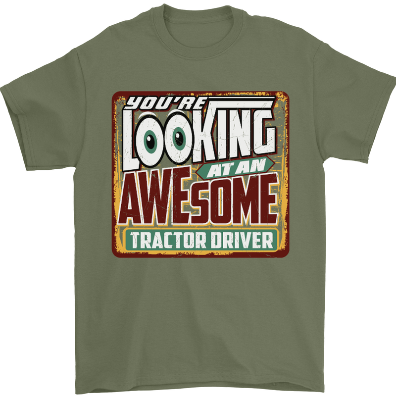 An Awesome Tractor Driver Farmer Farming Mens T-Shirt Cotton Gildan Military Green