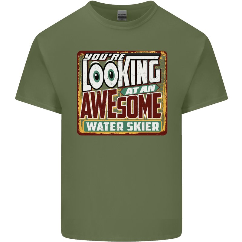 An Awesome Water Skier Skiing Mens Cotton T-Shirt Tee Top Military Green