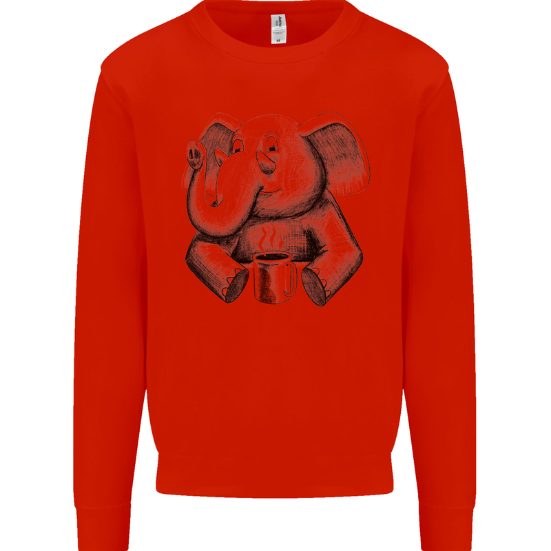 An Elephant Drinking Coffee Kids Sweatshirt Jumper Bright Red