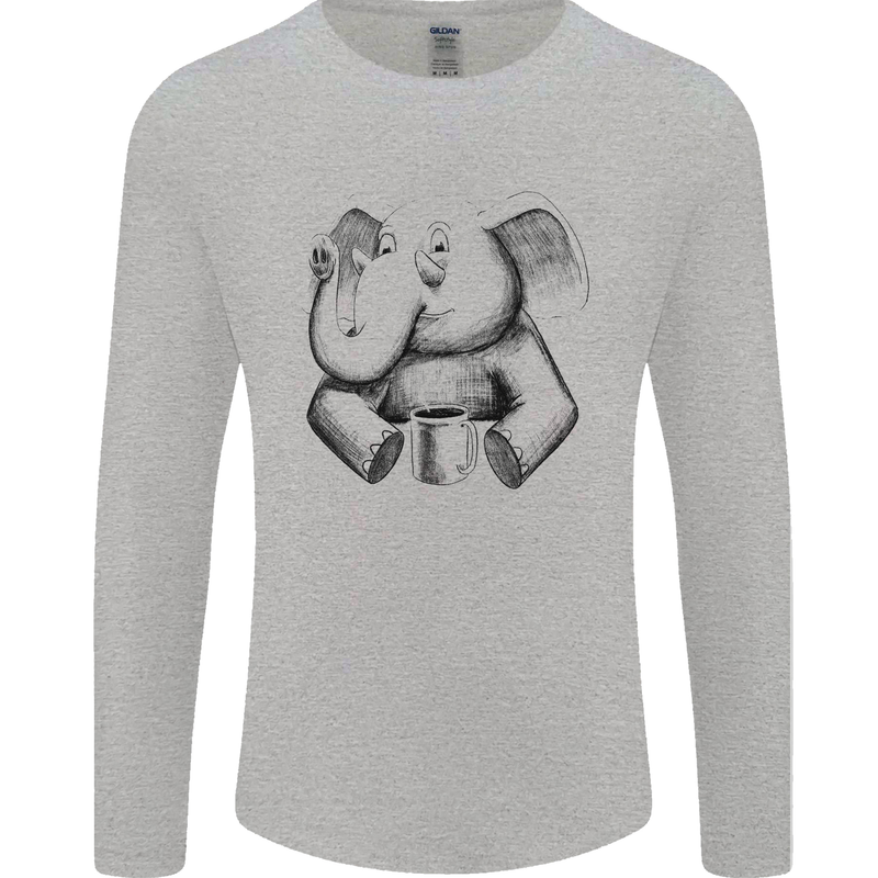An Elephant Drinking Coffee Mens Long Sleeve T-Shirt Sports Grey