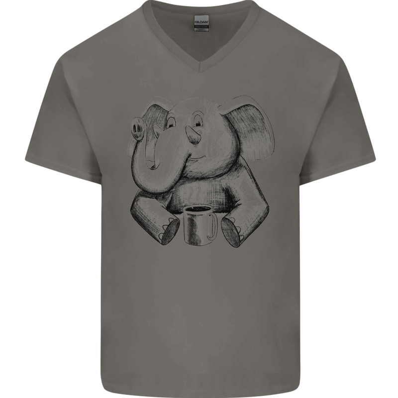 An Elephant Drinking Coffee Mens V-Neck Cotton T-Shirt Charcoal