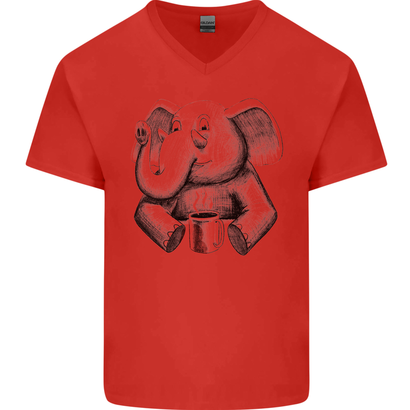 An Elephant Drinking Coffee Mens V-Neck Cotton T-Shirt Red