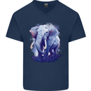 An Elephant Watercolour Mens V-Neck Cotton T-Shirt Navy Blue