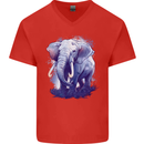 An Elephant Watercolour Mens V-Neck Cotton T-Shirt Red