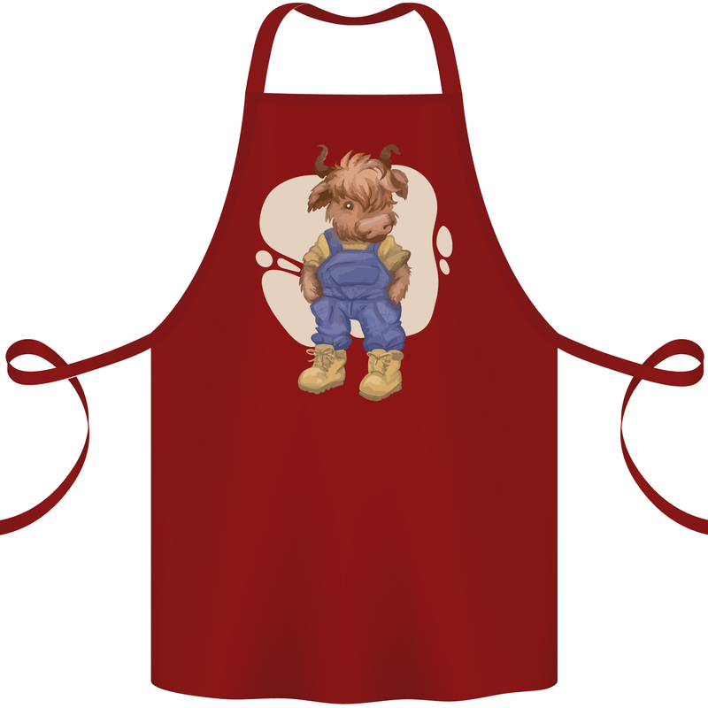 An Infant Highland Cow Cattle Bull Cotton Apron 100% Organic Maroon