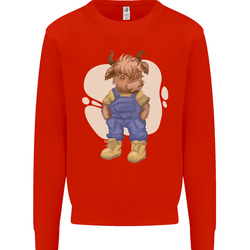 An Infant Highland Cow Cattle Bull Kids Sweatshirt Jumper Bright Red