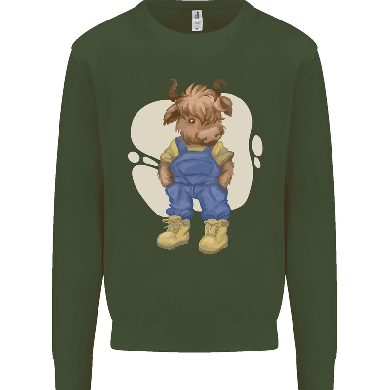 An Infant Highland Cow Cattle Bull Kids Sweatshirt Jumper Forest Green