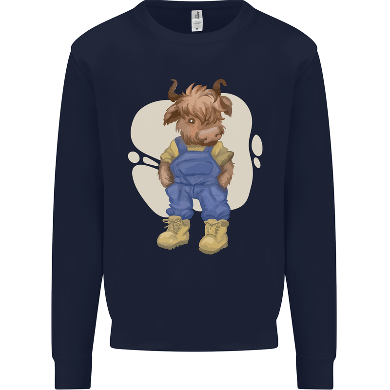 An Infant Highland Cow Cattle Bull Kids Sweatshirt Jumper Navy Blue