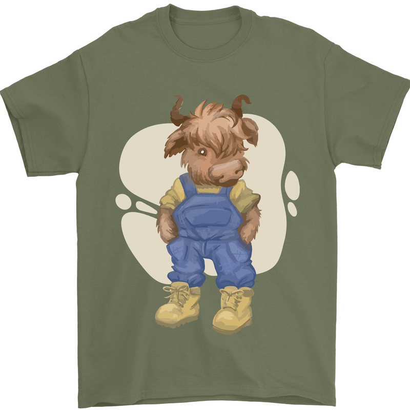 An Infant Highland Cow Cattle Bull Mens T-Shirt 100% Cotton Military Green