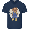 An Infant Highland Cow Cattle Bull Mens V-Neck Cotton T-Shirt Navy Blue