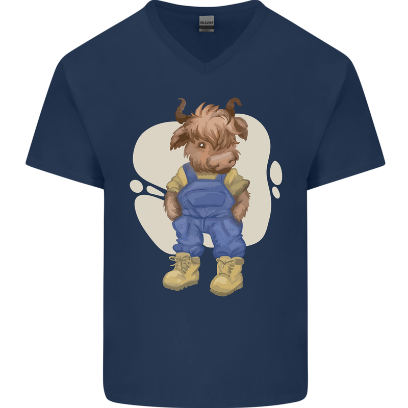 An Infant Highland Cow Cattle Bull Mens V-Neck Cotton T-Shirt Navy Blue