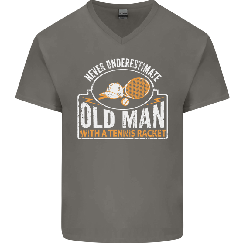 An Old Man Tennis Racket Player Mens V-Neck Cotton T-Shirt Charcoal