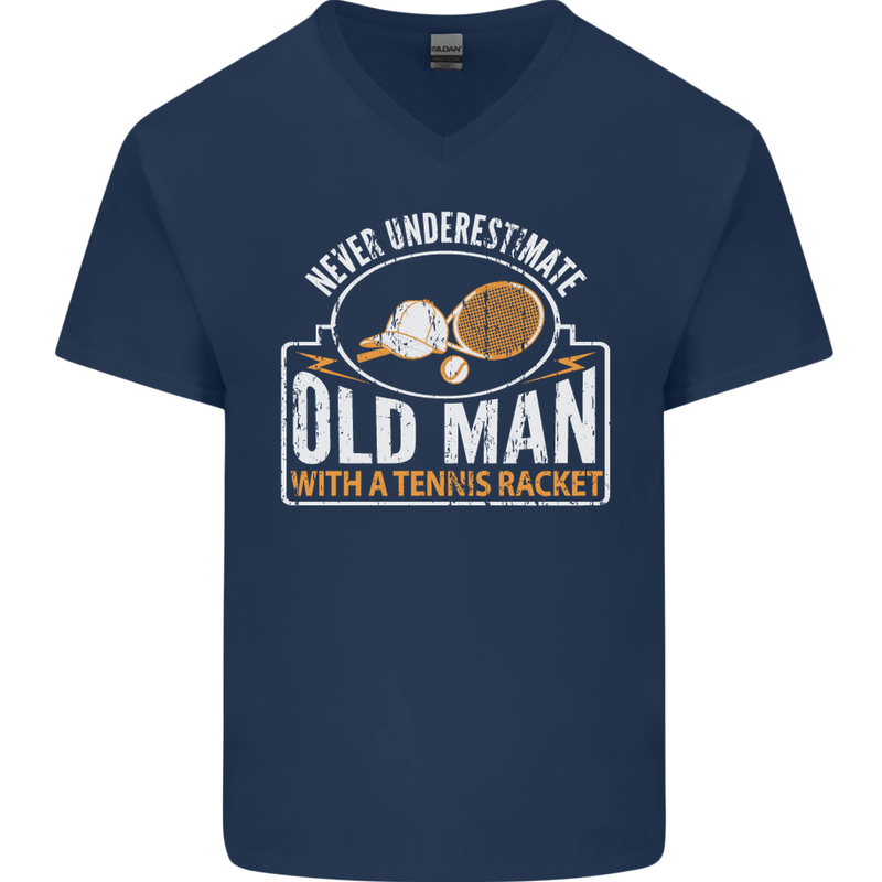 An Old Man Tennis Racket Player Mens V-Neck Cotton T-Shirt Navy Blue