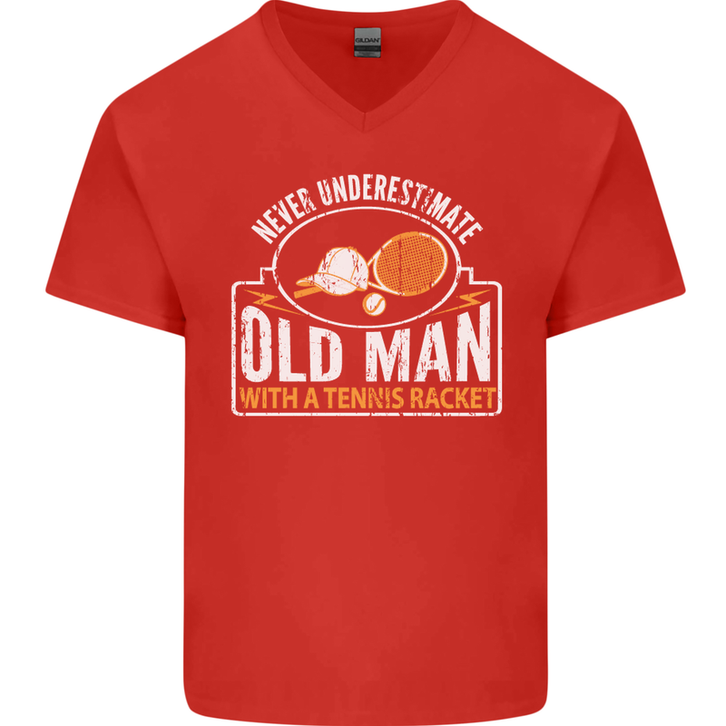 An Old Man Tennis Racket Player Mens V-Neck Cotton T-Shirt Red