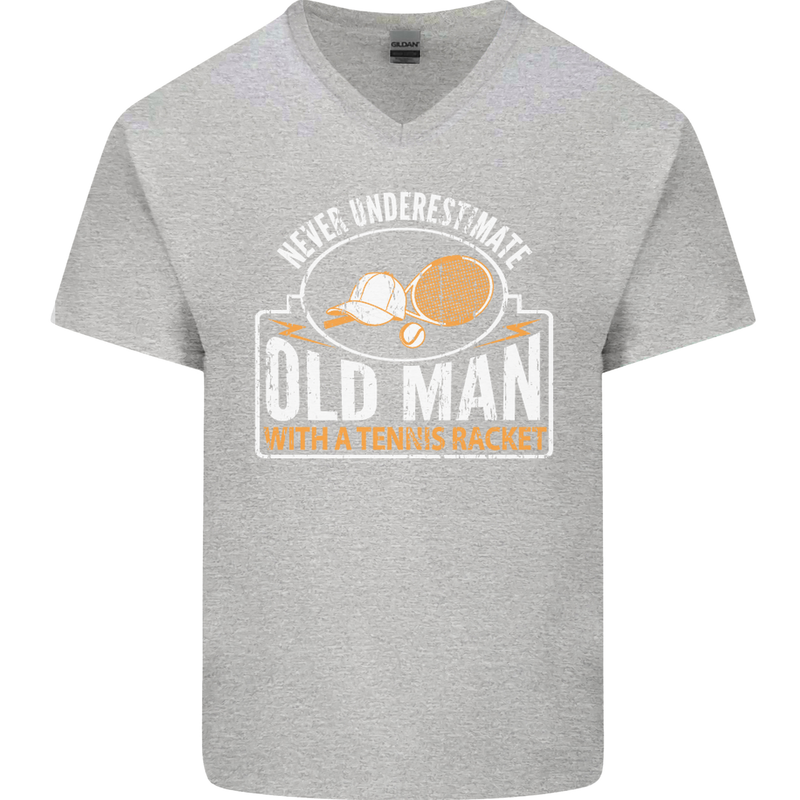 An Old Man Tennis Racket Player Mens V-Neck Cotton T-Shirt Sports Grey