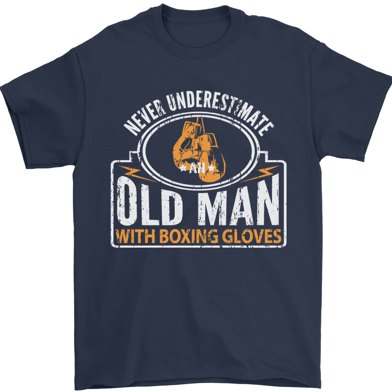 An Old Man With Boxing Gloves Funny Boxer Mens T-Shirt Cotton Gildan Navy Blue