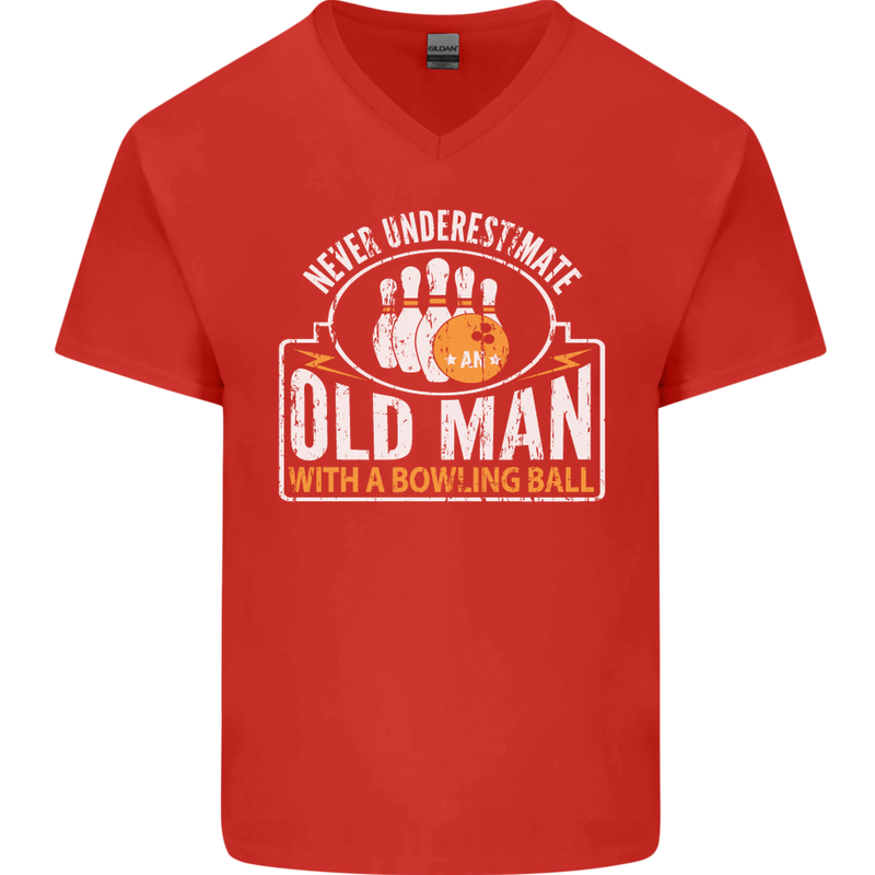 An Old Man With a Bowling Ball 10 Pin Mens V-Neck Cotton T-Shirt Red