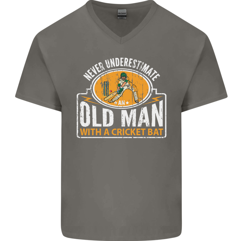 An Old Man With a Cricket Bat Cricketer Mens V-Neck Cotton T-Shirt Charcoal