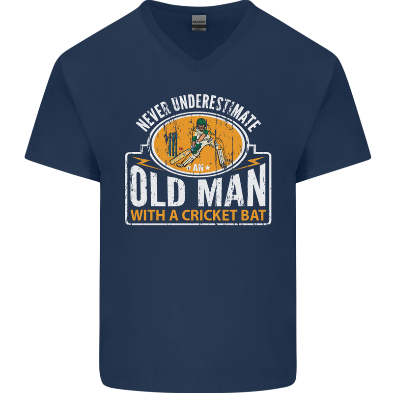 An Old Man With a Cricket Bat Cricketer Mens V-Neck Cotton T-Shirt Navy Blue