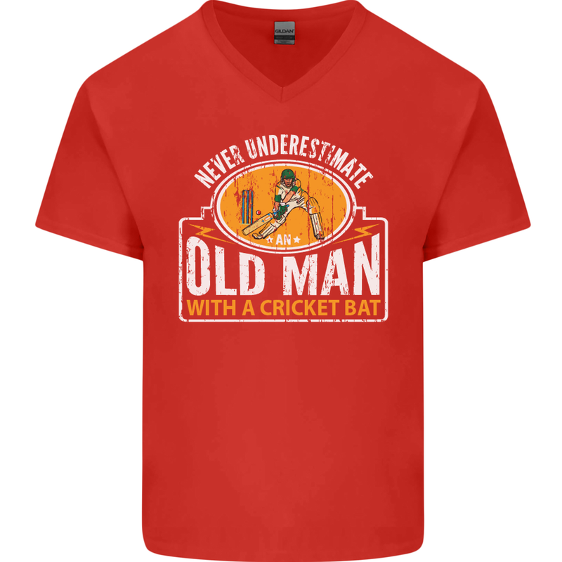 An Old Man With a Cricket Bat Cricketer Mens V-Neck Cotton T-Shirt Red