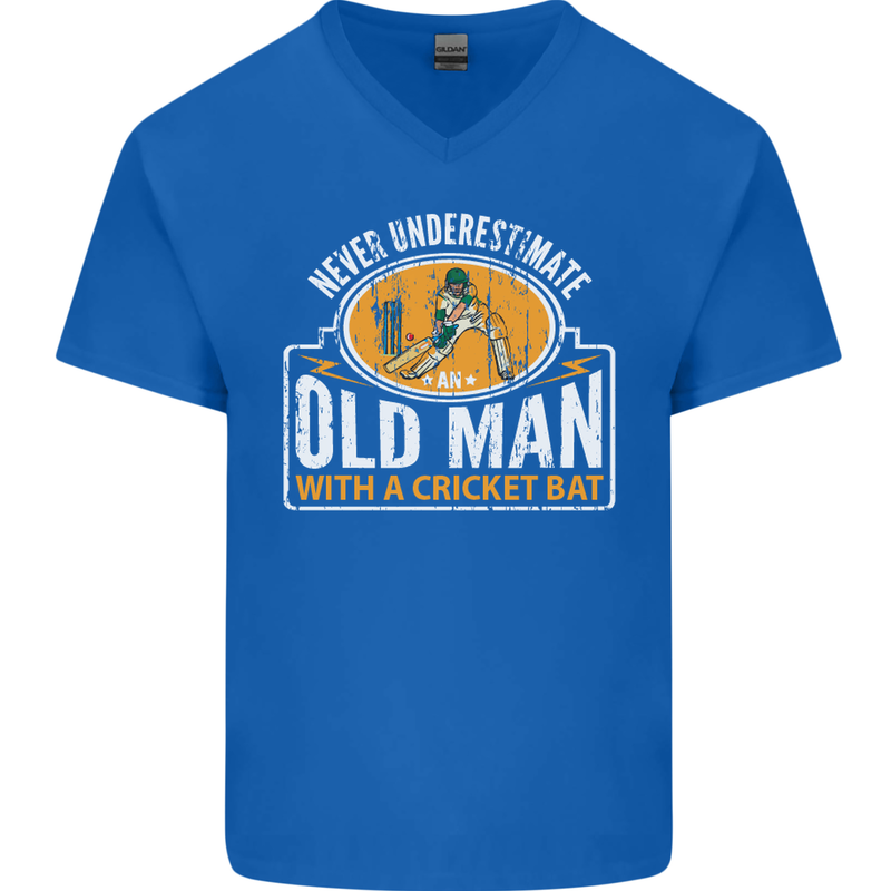 An Old Man With a Cricket Bat Cricketer Mens V-Neck Cotton T-Shirt Royal Blue
