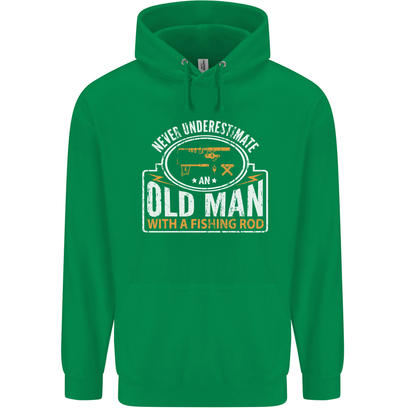 An Old Man With a Fishing Rod Fisherman Mens 80% Cotton Hoodie Irish Green