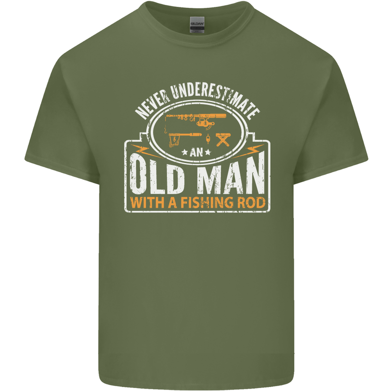 An Old Man With a Fishing Rod Fisherman Mens Cotton T-Shirt Tee Top Military Green