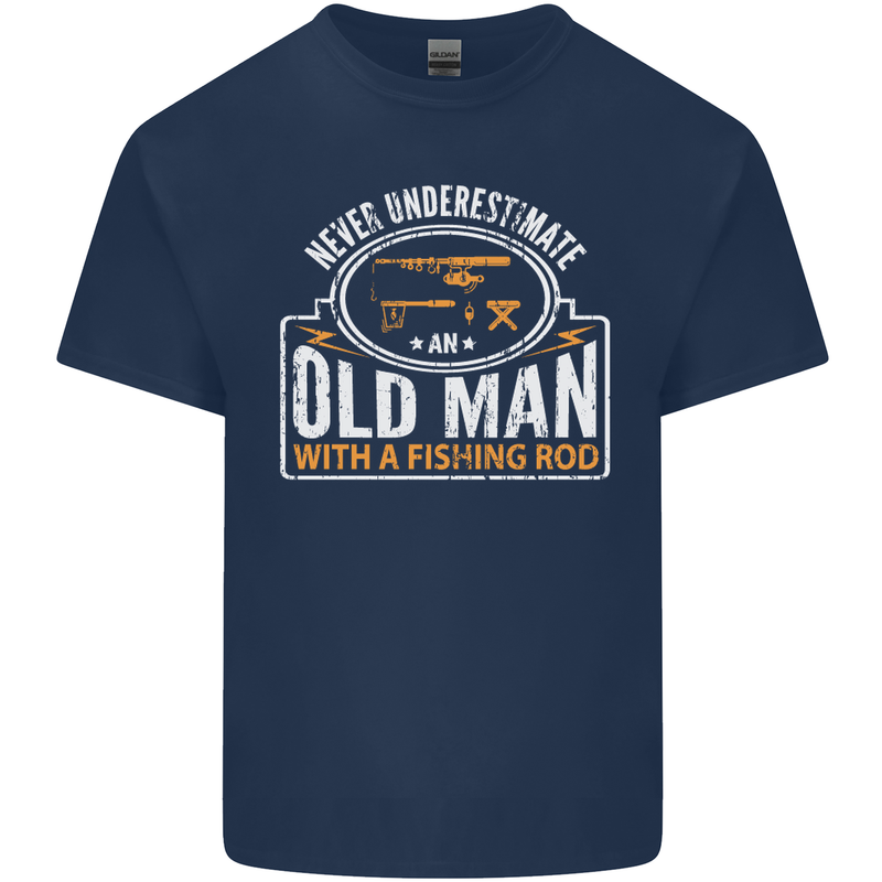 An Old Man With a Fishing Rod Fisherman Mens Cotton T-Shirt Tee Top Navy Blue