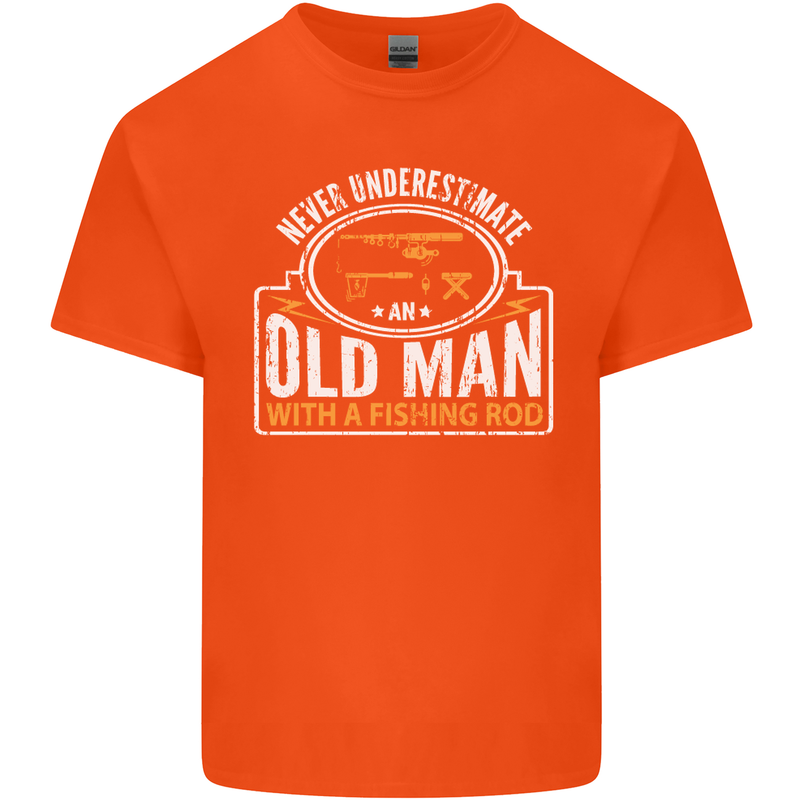 An Old Man With a Fishing Rod Fisherman Mens Cotton T-Shirt Tee Top Orange