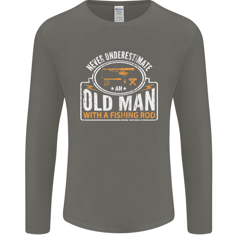 An Old Man With a Fishing Rod Fisherman Mens Long Sleeve T-Shirt Charcoal