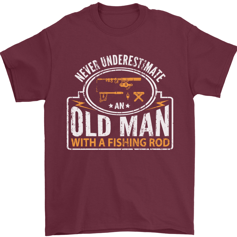 An Old Man With a Fishing Rod Fisherman Mens T-Shirt Cotton Gildan Maroon