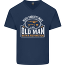 An Old Man With a Fishing Rod Fisherman Mens V-Neck Cotton T-Shirt Navy Blue