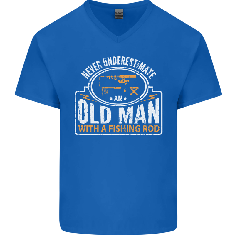 An Old Man With a Fishing Rod Fisherman Mens V-Neck Cotton T-Shirt Royal Blue