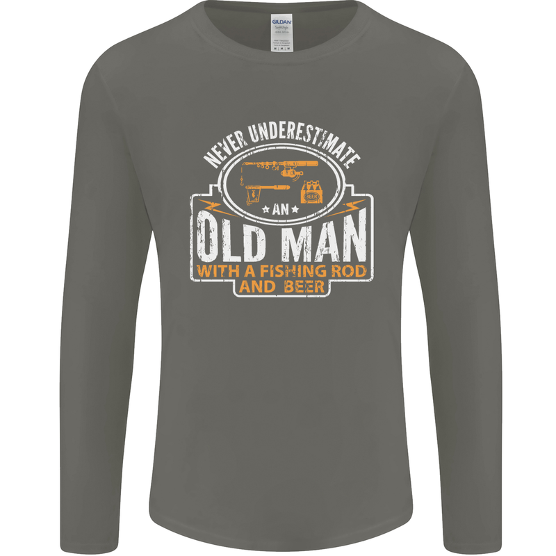 An Old Man With a Fishing Rod & Beer Funny Mens Long Sleeve T-Shirt Charcoal