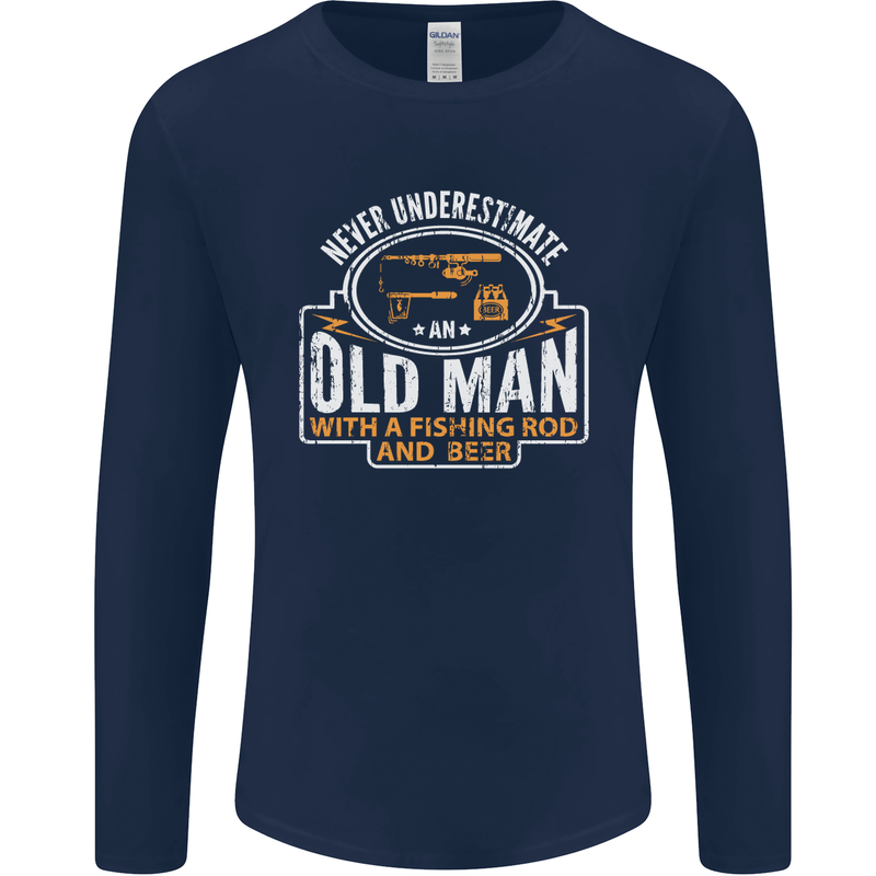 An Old Man With a Fishing Rod & Beer Funny Mens Long Sleeve T-Shirt Navy Blue