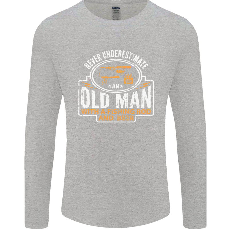 An Old Man With a Fishing Rod & Beer Funny Mens Long Sleeve T-Shirt Sports Grey