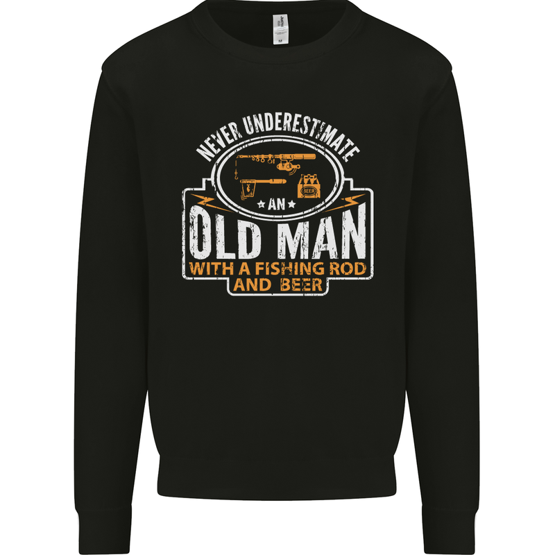 An Old Man With a Fishing Rod & Beer Funny Mens Sweatshirt Jumper Black