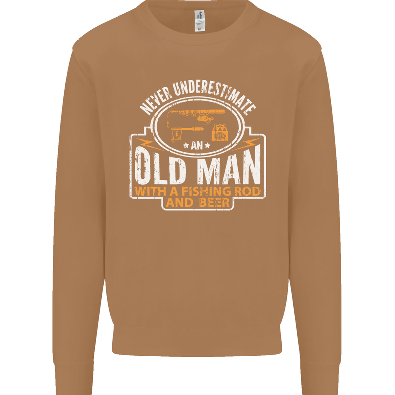 An Old Man With a Fishing Rod & Beer Funny Mens Sweatshirt Jumper Caramel Latte