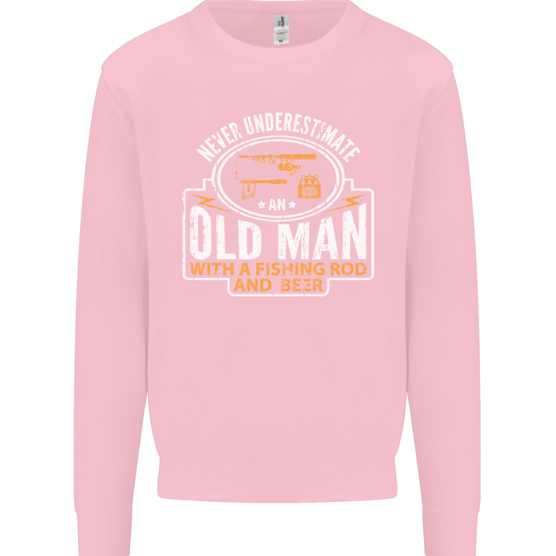 An Old Man With a Fishing Rod & Beer Funny Mens Sweatshirt Jumper Light Pink