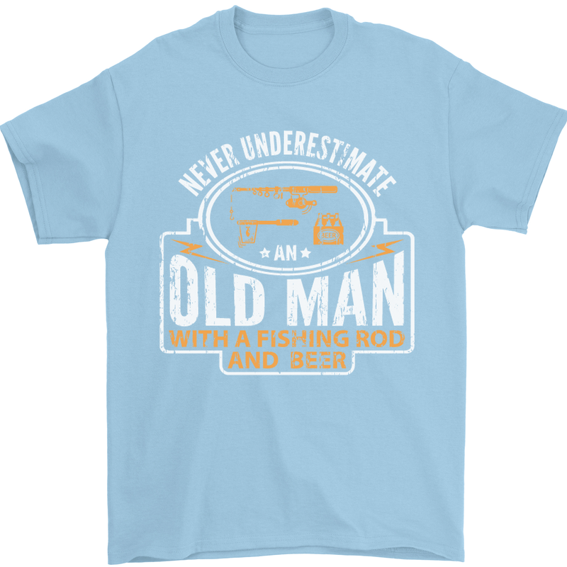 An Old Man With a Fishing Rod & Beer Funny Mens T-Shirt Cotton Gildan Light Blue