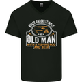 An Old Man With a Fishing Rod & Beer Funny Mens V-Neck Cotton T-Shirt Black