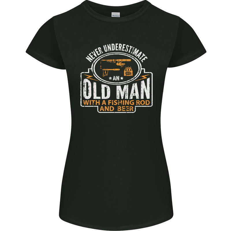 An Old Man With a Fishing Rod & Beer Funny Womens Petite Cut T-Shirt Black
