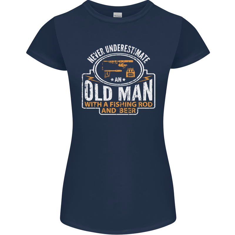 An Old Man With a Fishing Rod & Beer Funny Womens Petite Cut T-Shirt Navy Blue