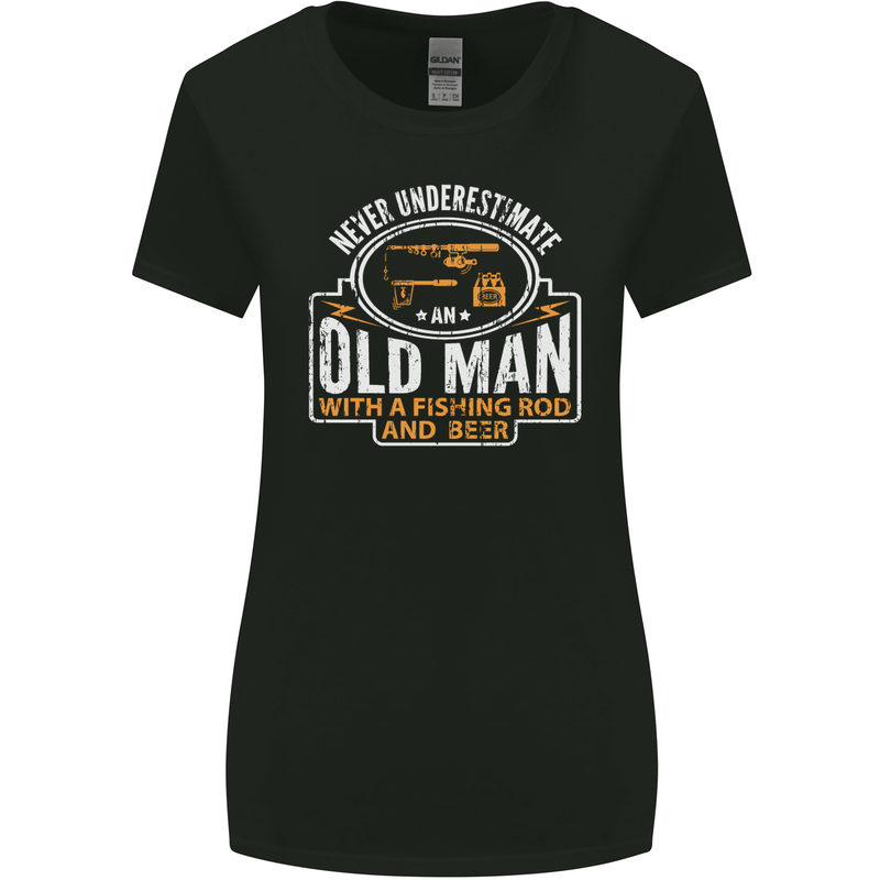 An Old Man With a Fishing Rod & Beer Funny Womens Wider Cut T-Shirt Black