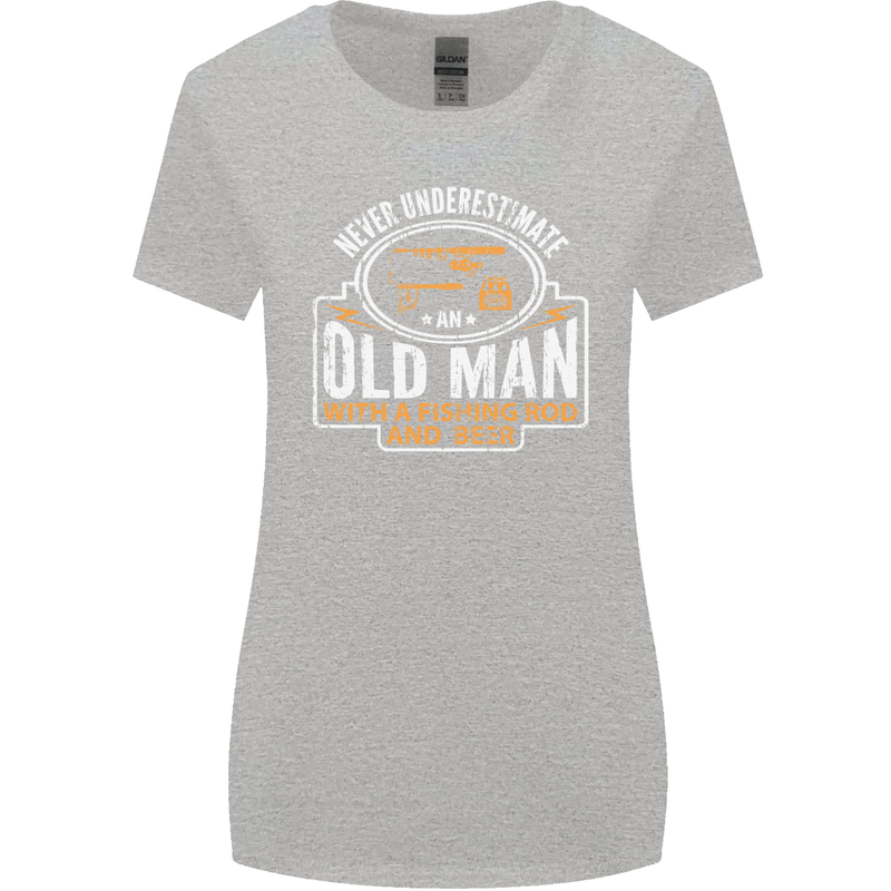 An Old Man With a Fishing Rod & Beer Funny Womens Wider Cut T-Shirt Sports Grey