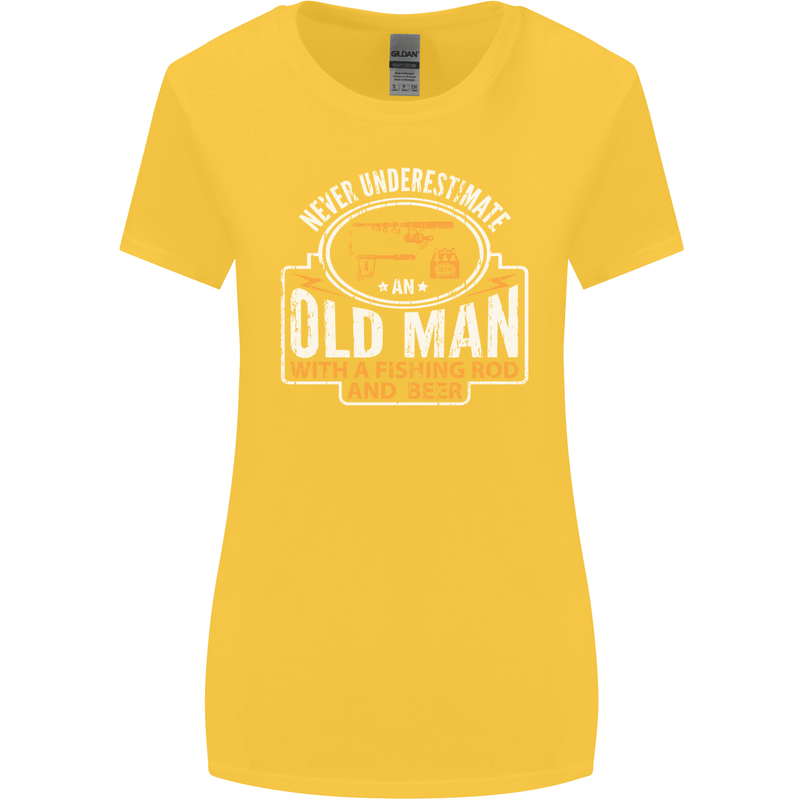 An Old Man With a Fishing Rod & Beer Funny Womens Wider Cut T-Shirt Yellow